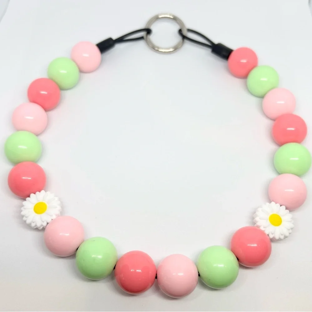 Beaded Dog Collar Necklace Size Medium Watermelon & Daisies Pink Green Floral